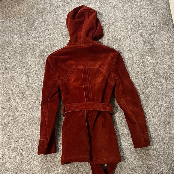 Vintage Burnt Orange Suede Leather Hooded Belted Coat, Fits XXS, Made in Uruguay - Picture 5 of 12